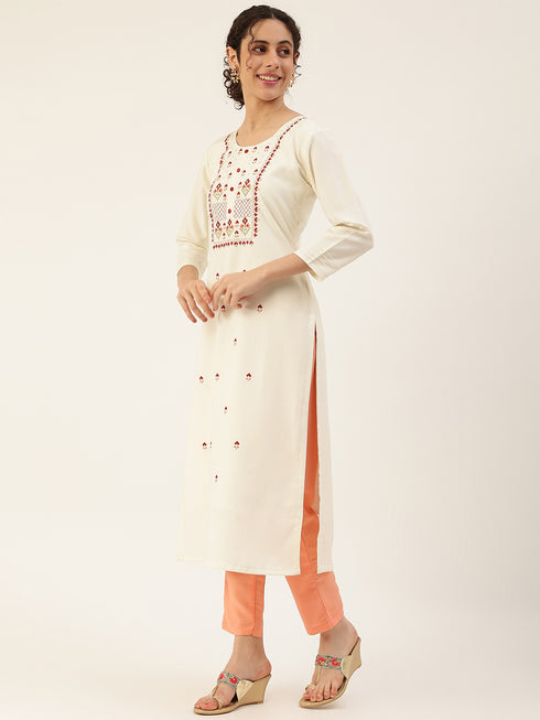 Women Rayon Embroidery Kurta Trousers Set (White)