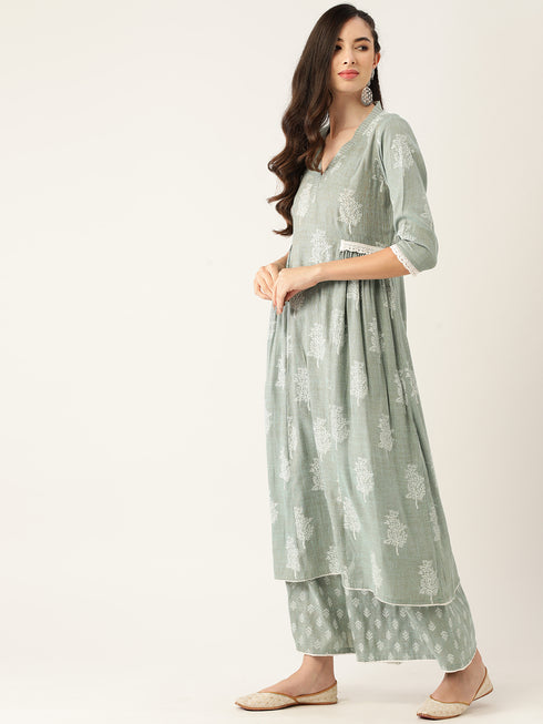 Green Rayon Printed Flared A-Line Kurta Suit Set