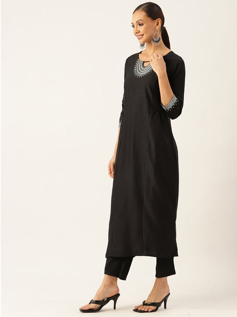 Black Silk Embroidered Sequined Straight Kurta Suit Set