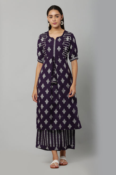 Purple Rayon Printed Straight Kurta Suit Set