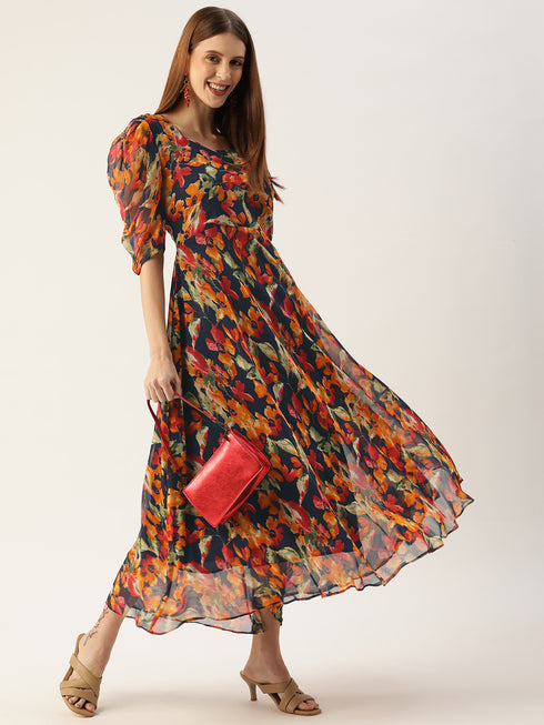 Women A-line Multicolour Flared Printed Dress