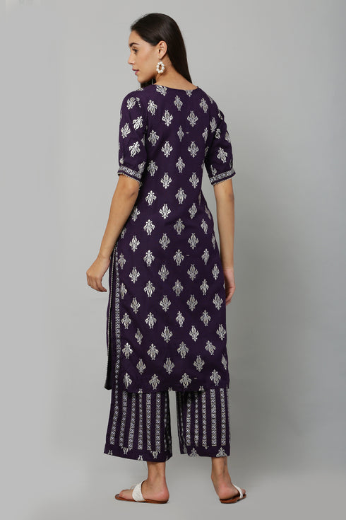 Purple Rayon Printed Straight Kurta Suit Set
