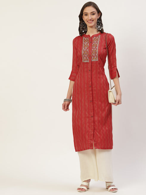 Women Embroidered Pure Cotton Straight Kurta (Red)