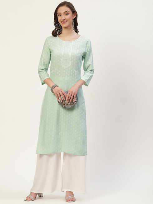 Women Embroidered Cotton Blend Straight Kurta (Light Green)