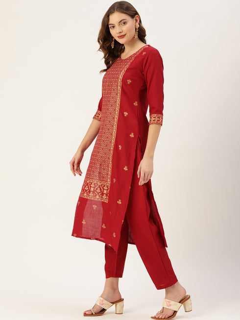 Maroon Panelled Straight Cotton Kurta Suit Set