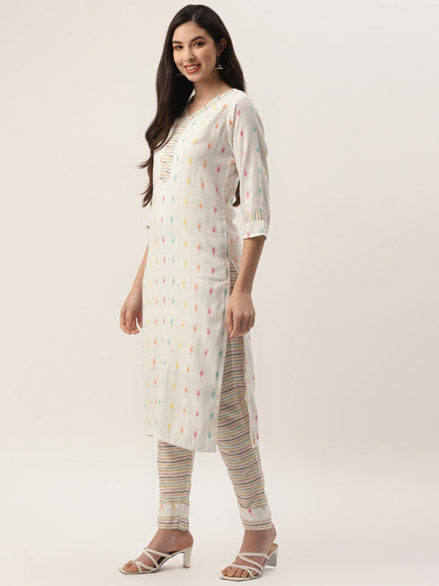 Women's Cotton Blend Self Design Straight Kurta Suit Set