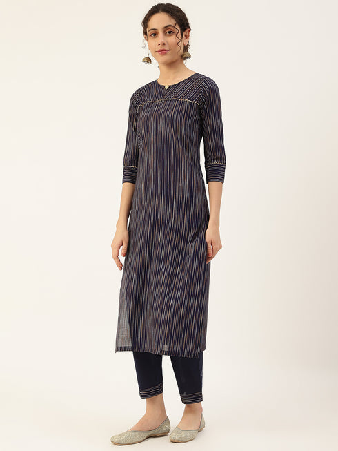 Navy Blue Cotton Blend Straight Kurta Suit Set