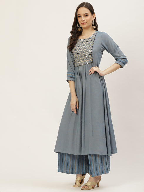 Light Denim Rayon Embroidered A-Line Flared Kurta Suit Set