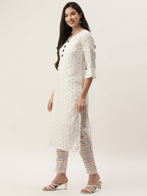 Women's Cotton Blend Self Design Straight Kurta Suit Set