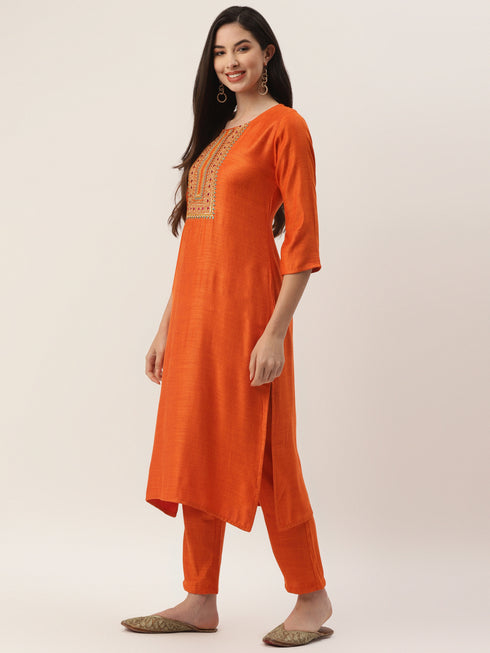 Orange Rayon Blend Straight Embroidered Kurta Pant Set