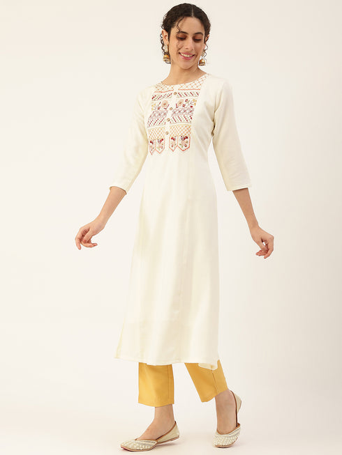 Women Rayon Embroidery Kurta Trousers Set (White)