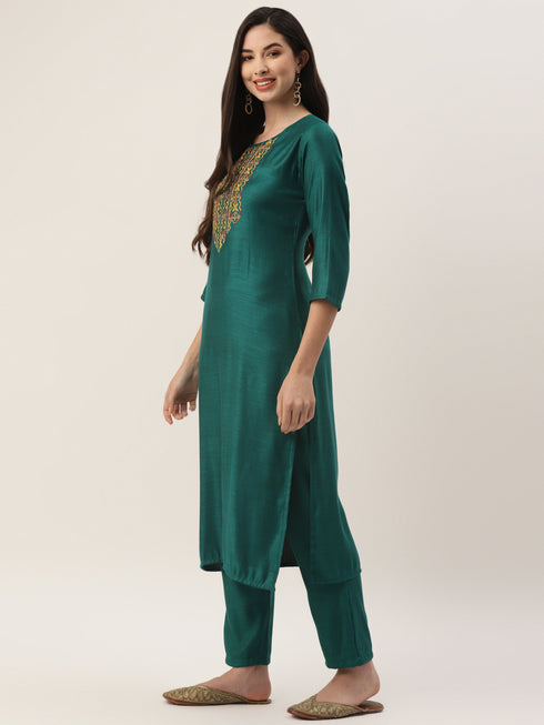 Green Rayon Straight Embroidered Kurta Pant Set
