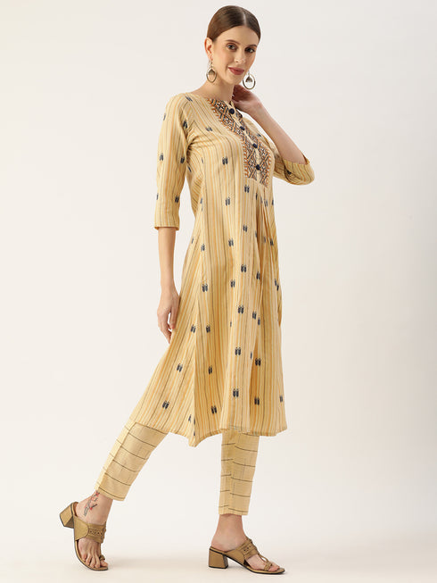 Ikat Yellow Cotton Embroidered Thread Work A-Line Kurta Suit Set