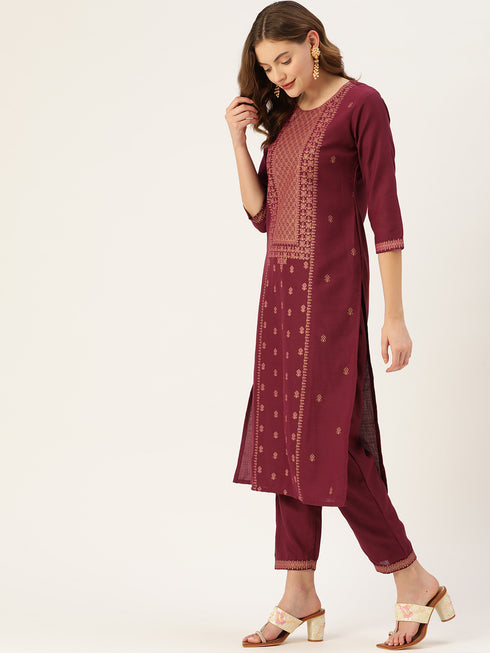 Wine Panelled Straight Cotton Kurta Suit Set