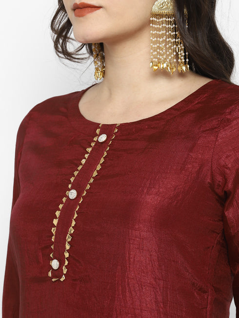 Women Maroon Gotta Patti Kurta with Palazzos & With Dupatta