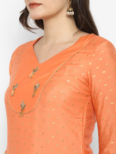 Orange Straight Chanderi Silk Kurta Suit Set