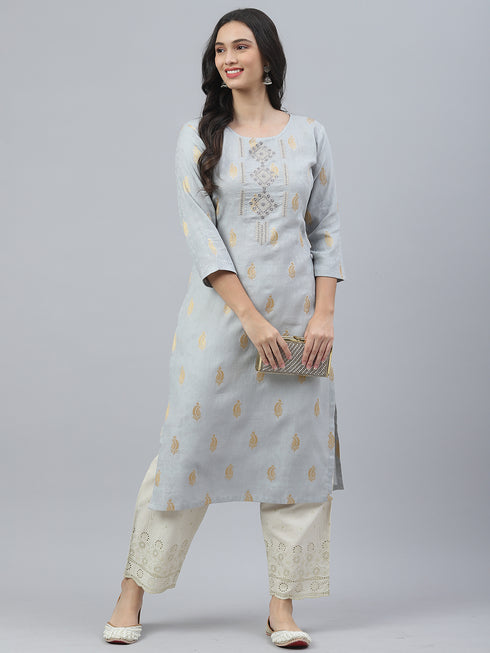 Embroidered Cotton Straight Kurta (Grey)