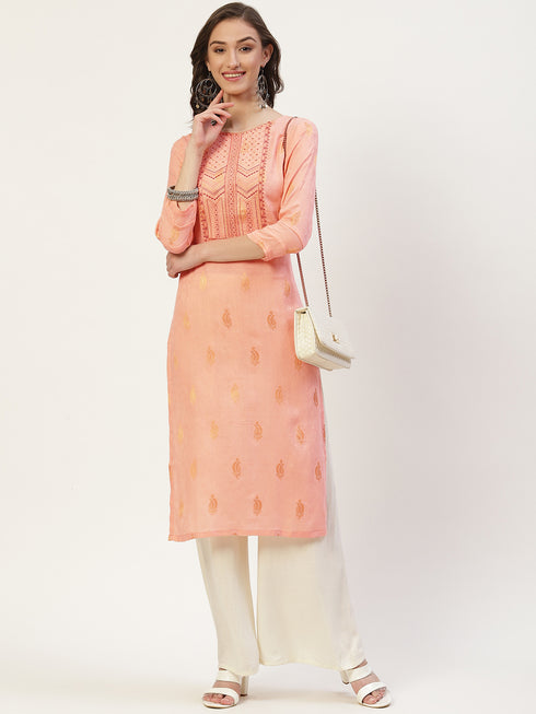 Women Embroidered Cotton Blend Straight Kurta (Orange)