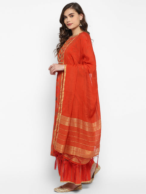 Orange Linen Ethnic Motifs Printed Regular Kurta Suit Set