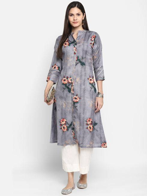 Grey Floral Printed Casual Kurta