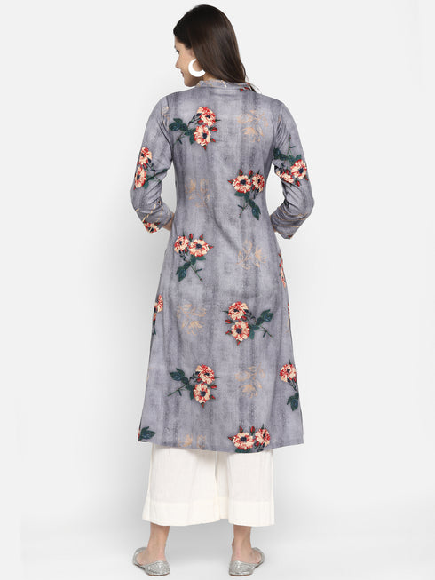 Grey Floral Printed Casual Kurta