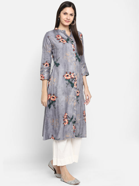 Grey Floral Printed Casual Kurta