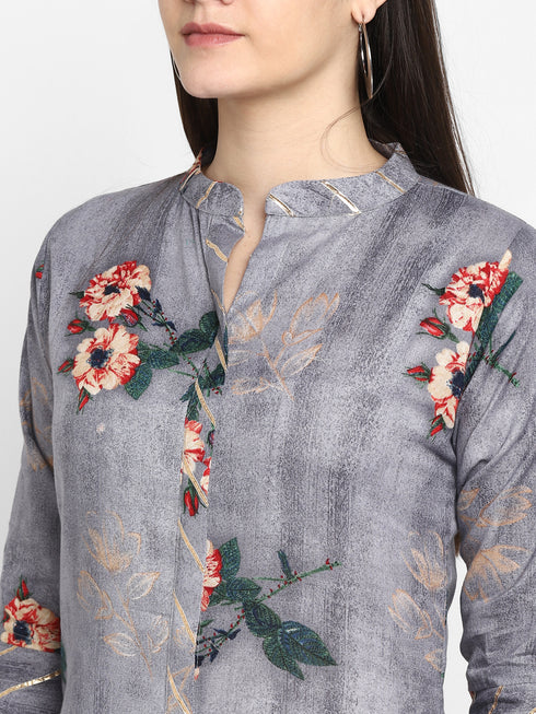 Grey Floral Printed Casual Kurta