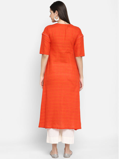 Women Embroidered Cotton Blend A-line Kurta (Orange)