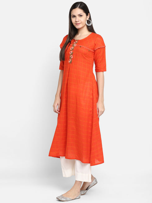 Women Embroidered Cotton Blend A-line Kurta (Orange)