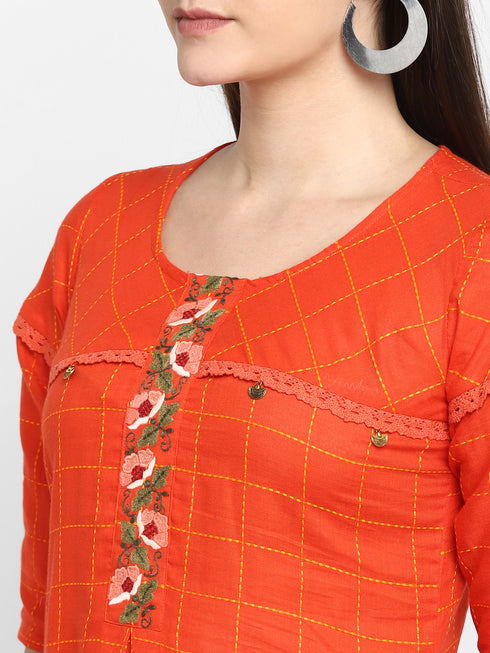 Women Embroidered Cotton Blend A-line Kurta (Orange)