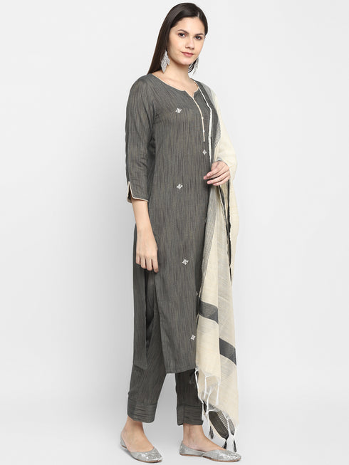 Grey Rayon Embroidered Straight Kurta Suit Set