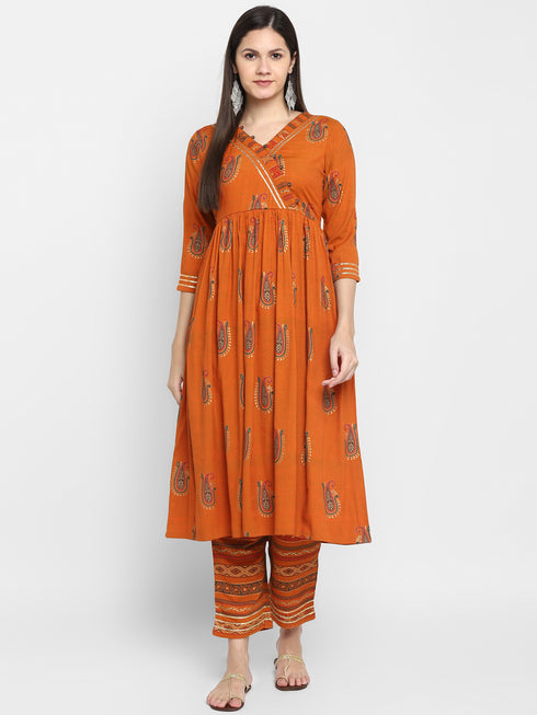 Orange Printed Rayon Suit Set