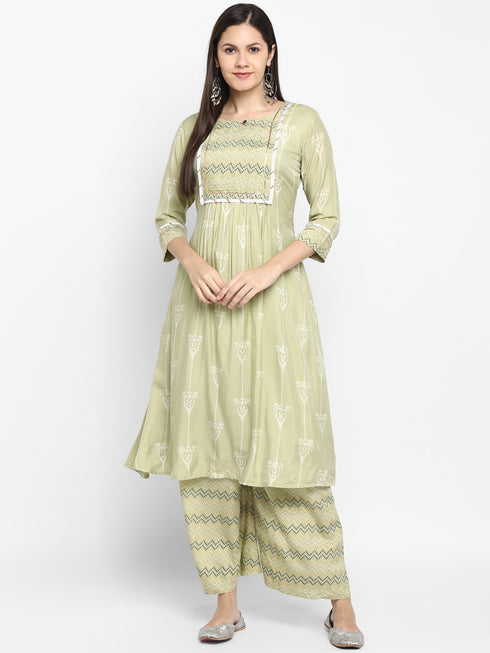 Green Printed Kurta, Palazzo with dupatta