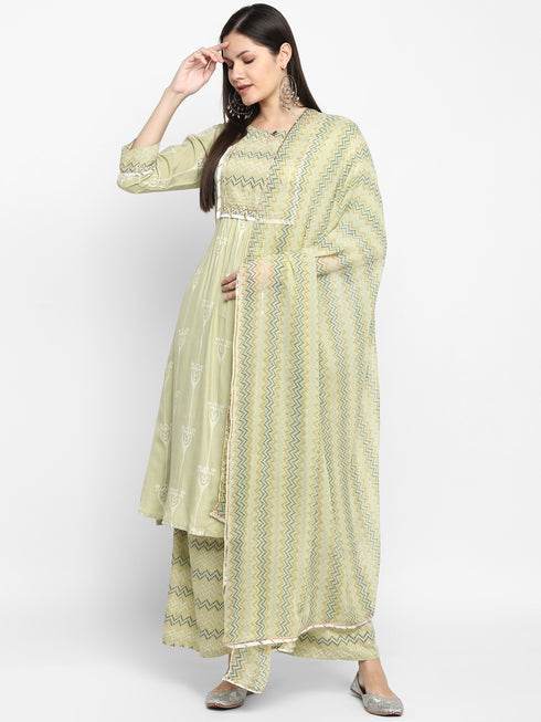 Green Printed Kurta, Palazzo with dupatta