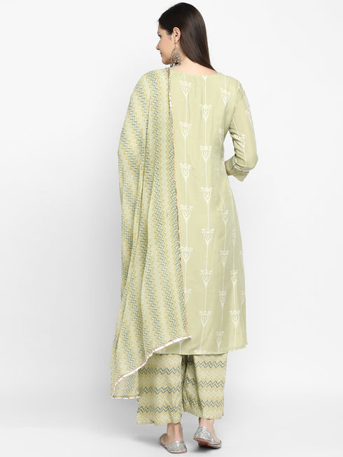 Green Printed Kurta, Palazzo with dupatta