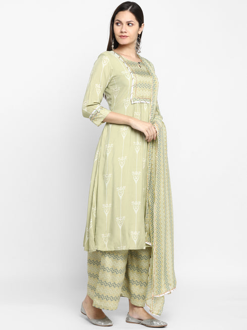 Green Printed Kurta, Palazzo with dupatta