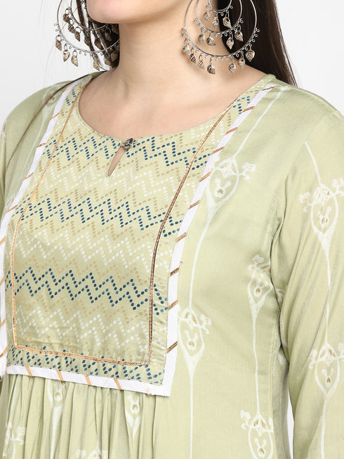 Green Printed Kurta, Palazzo with dupatta
