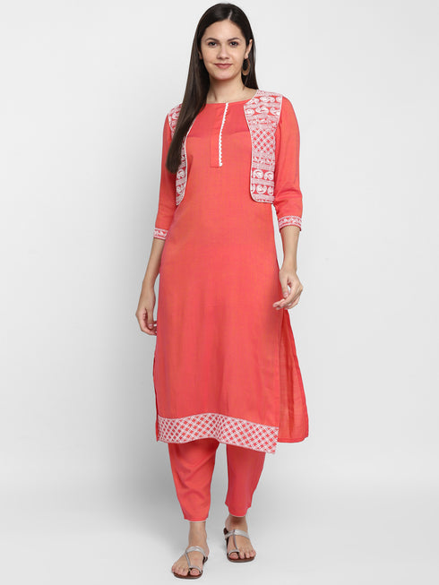 Embroidery Pink Kurta set with Koti