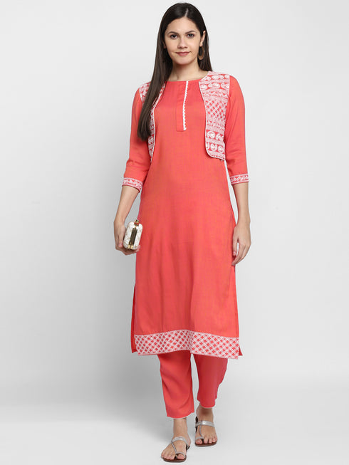 Embroidery Pink Kurta set with Koti