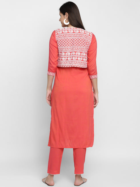 Embroidery Pink Kurta set with Koti