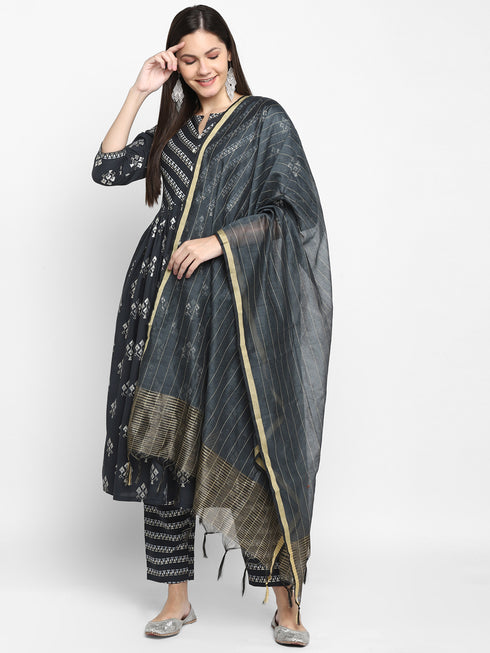 Dark Grey Rayon Flared A-line Printed Kurta Suit Set