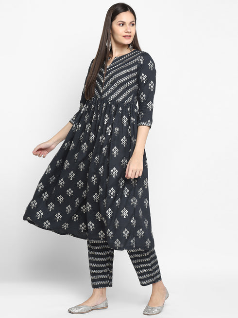 Dark Grey Rayon Flared A-line Printed Kurta Suit Set