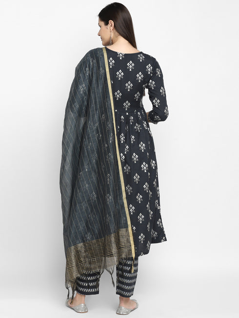 Dark Grey Rayon Flared A-line Printed Kurta Suit Set