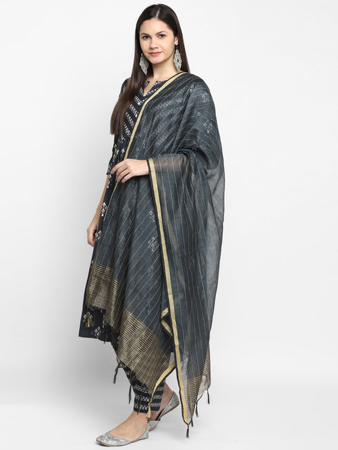 Dark Grey Rayon Flared A-line Printed Kurta Suit Set