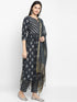 Dark Grey Rayon Flared A-line Printed Kurta Suit Set