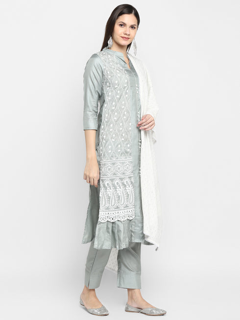 Schiffli embroidery Grey Suit Set