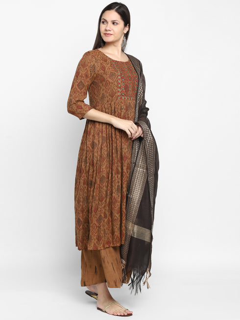 Grey Rayon Embroidered A-line Printed Kurta Suit Set