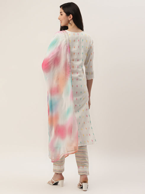 Women's Cotton Blend Self Design Straight Kurta Suit Set