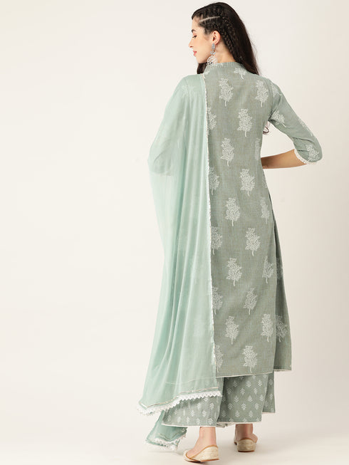 Green Rayon Printed Flared A-Line Kurta Suit Set