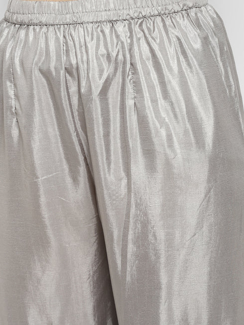 Printed Grey Silk Straight Kurta Suit Set